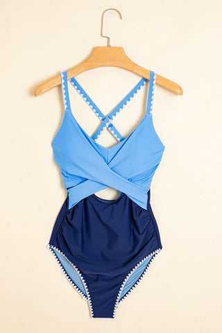 Beau Blue Ric Rac Trim Contrasted Patchwork Cutout One Piece Swimsuit