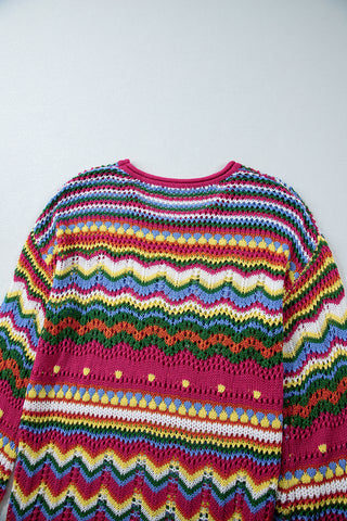 Rose Red Colorblock Striped Hollowed Knit Loose Sleeve Sweater