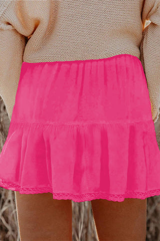 Rose Red Plus Size Frilled Elastic Waist Lace Trim Boho Ruffled Shorts, Dear-Lover Dropshipping - A Blissfully Beautiful Boutique