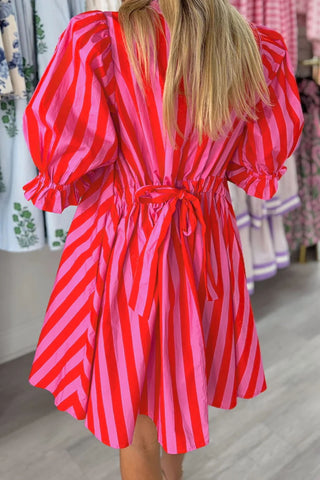 Red Stripe Half Button Puff Sleeve Loose Mini Dress, Dear-Lover Dropshipping - A Blissfully Beautiful Boutique
