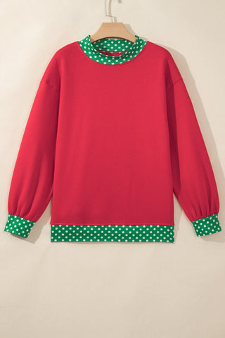 Burgundy Colorblock Polka Dot Contrast Trim Oversized Sweatshirt