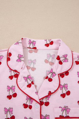 Pink Cherry/Bow Print Short Pajama Set, Dear-Lover Dropshipping - A Blissfully Beautiful Boutique