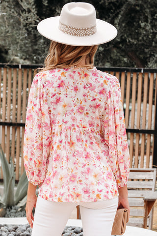 Pink Floral Print Tassel Tie Smocked V Neck Puff Sleeve Tunic Blouse