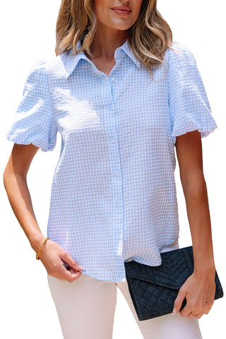 Light Blue Gingham Short Puff Sleeve Button Up Shirt