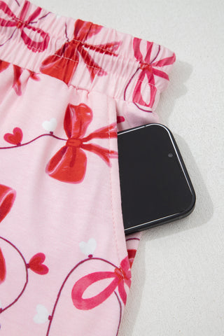 Red Romantic Bow Print Loose Tee Drawstring Shorts 2pcs Lounge Set, Dear-Lover Dropshipping - A Blissfully Beautiful Boutique