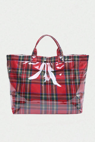 Fiery Red Plaid Pattern PVC Glossy Waterproof Tote Bag, Dear-Lover Dropshipping - A Blissfully Beautiful Boutique