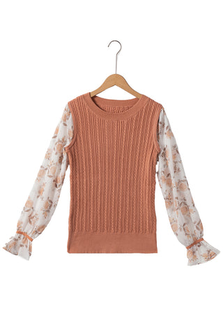 Golden Fleece Floral Patchwork Ruffled Cuff Cable Knit Sweater