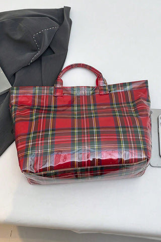 Fiery Red Plaid Pattern PVC Glossy Waterproof Tote Bag, Dear-Lover Dropshipping - A Blissfully Beautiful Boutique