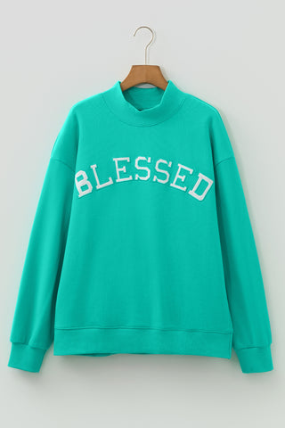 Sea Green Oversize Blessed Embroidered Mock Neck Sweatshirt