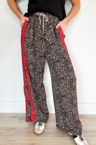 Brown Wild Leopard Print Contrast Lace Striped Detail Drawstring Pants, Dear-Lover Dropshipping - A Blissfully Beautiful Boutique