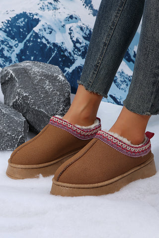 Chestnut Suede Contrast Print Round Toe Plush Lined Flats, Dear-Lover Dropshipping - A Blissfully Beautiful Boutique