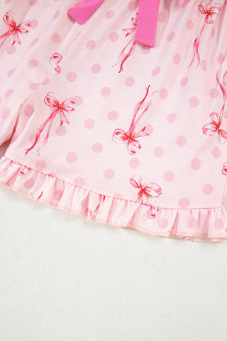 Pink Bow Print Contrast Pipping Short Pajamas Set, A Blissfully Beautiful Boutique - A Blissfully Beautiful Boutique