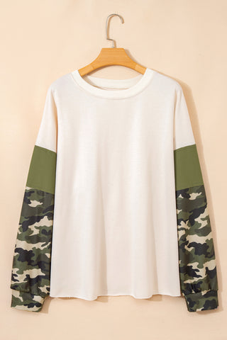 Apricot Camo Print Patchwork Sleeve Raw Hem Plus Size Sweatshirt, Dear-Lover Dropshipping - A Blissfully Beautiful Boutique