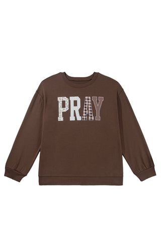 Coffee PRAY Letter Patchwork Round Neck Long Sleeve Plus Size Sweatshirt