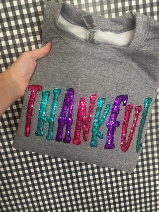 Thankful Colorful Sequin Applique Embroidered Shirt, Merch Girls - A Blissfully Beautiful Boutique