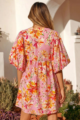 Pink Striped Floral Print Tie Neck Puff Sleeve Loose Mini Dress, Dear-Lover Dropshipping - A Blissfully Beautiful Boutique