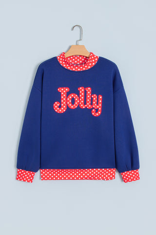 Dirty blue Polka Dot Letter Print Contrast Trim Mock Neck Sweatshirt