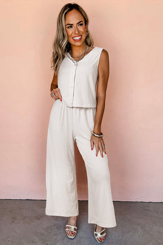 Apricot Buttoned V Neck Tank Top and Wide Leg Pants Casual Outfit
