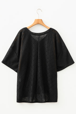 Black Pointelle Rhombus Knit Plus Size V Neck Loose Top, Dear-Lover Dropshipping - A Blissfully Beautiful Boutique