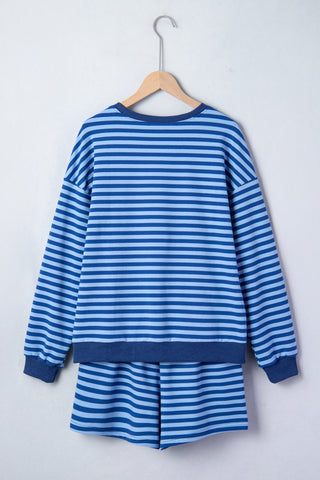 Blue Stripe Drop Shoulder Long Sleeve Pullover Elastic Waist Casual Short Set, Dear-Lover Dropshipping - A Blissfully Beautiful Boutique