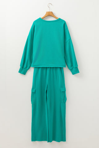 Lapis Solid Color Mineral Wash Pullover Top and Cargo Pants Set