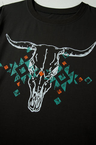 Carbon Grey Plus Size Western Aztec Bull Skull Printed T Shirt, Dear-Lover Dropshipping - A Blissfully Beautiful Boutique