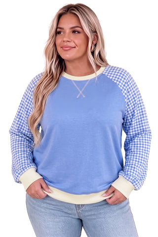 Light Blue Plaid Sleeve Ribbed Colorblock Trim Plus Size Sweatshirt