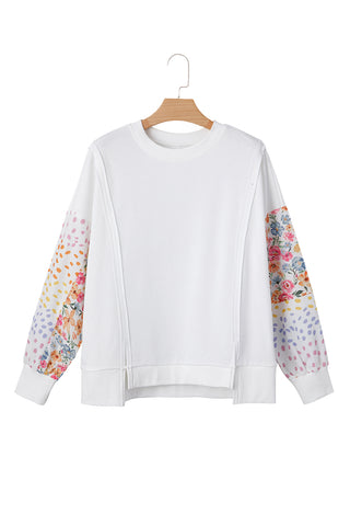 White Floral Dotted Mixed Print Patchwork Sleeve High Low Casual Sweatshirt