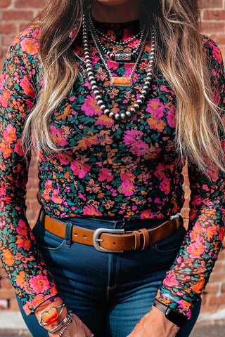 Rose Plus Size Vintage Floral Print Mesh Long Sleeve Top, Dear-Lover Dropshipping - A Blissfully Beautiful Boutique