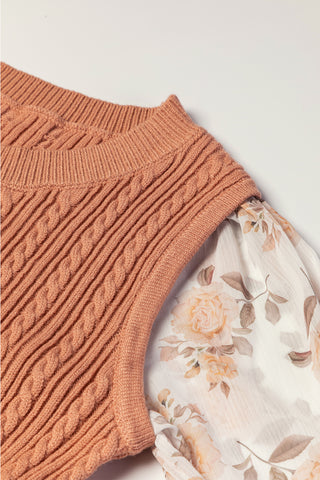 Golden Fleece Floral Patchwork Ruffled Cuff Cable Knit Sweater