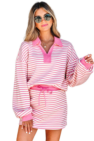 Pink Stripe Collared V Neck Drop Shoulder Pullover and Skort 2pcs Outfit