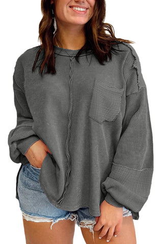 Dark Grey Plus Size Exposed Seam Crinkle Patchwork Top