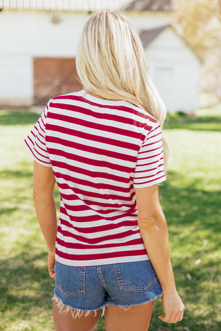 Red Stripe Patchwork Round Neck T Shirt, Dear-Lover Dropshipping - A Blissfully Beautiful Boutique