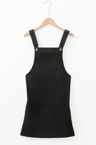 Black Solid Front Pockets Sleeveless Corduroy Overall Dress