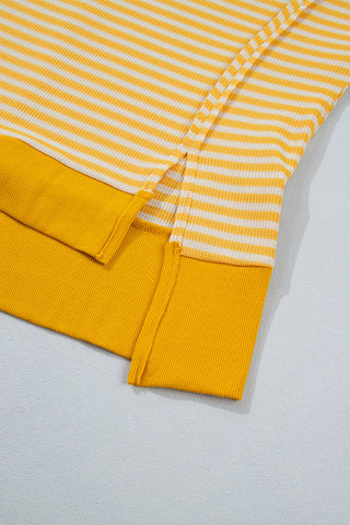 Pink Stripe Textured Knit Color Block Trim Split Hem Long Sleeve Top