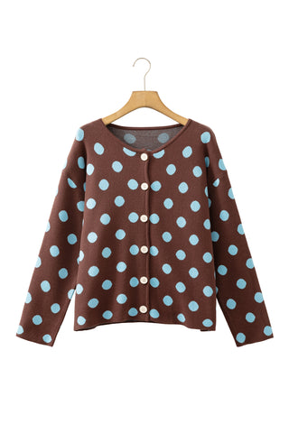 Brown Polka Dot Button Down Dropped Shoulder Shift Cardigan