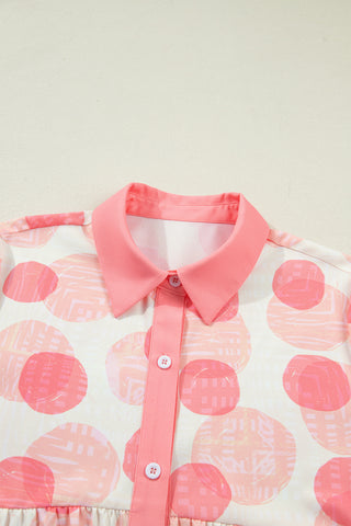 Pink Double Polka Dot Printed Ruffle Trim Short Sleeve Babydoll Shirt, Dear-Lover Dropshipping - A Blissfully Beautiful Boutique