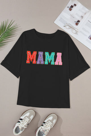 Black MAMA Chenille Patched Crew Neck T Shirt