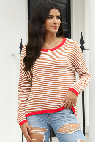 Brown Contrast Trimmed Striped Drop Shoulder Sweater