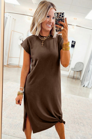 Red Sandalwood Solid Color Long T Shirt Dress with Slits, Dear-Lover Dropshipping - A Blissfully Beautiful Boutique