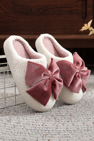 White Glister Ribbon Bow Decor Contrast Liner Plush Slippers, Dear-Lover Dropshipping - A Blissfully Beautiful Boutique