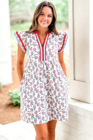 Red Floral Print Contrast Trim Flutter Sleeve Mini Dress, Dear-Lover Dropshipping - A Blissfully Beautiful Boutique