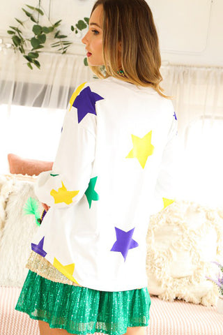 White Mardi Gras Star Printed Long Sleeve Top, Dear-Lover Dropshipping - A Blissfully Beautiful Boutique