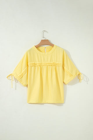 Yellow Cream Tie Half Sleeve Pleated Detail Babydoll Blouse