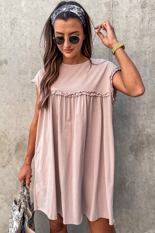 Oatmeal Frilled Trim Crew Neck Loose Fit Mini Dress