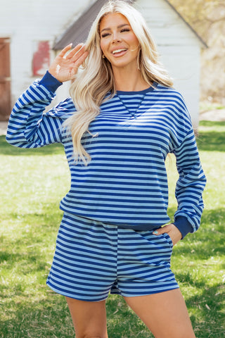Blue Stripe Drop Shoulder Long Sleeve Pullover Elastic Waist Casual Short Set, Dear-Lover Dropshipping - A Blissfully Beautiful Boutique