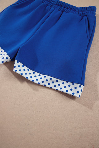 Navy Blue Polka Dot Trim Baggy Pullover 2pcs Short Set