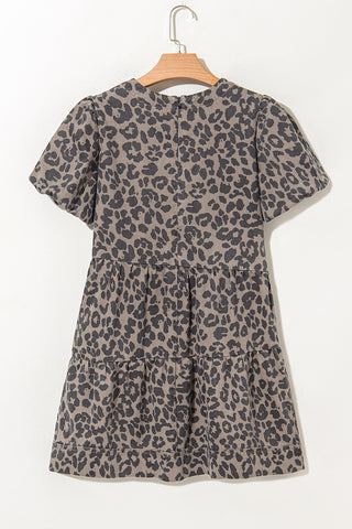 Brown Denim Leopard Printed Short Puff Sleeve Mini Dress