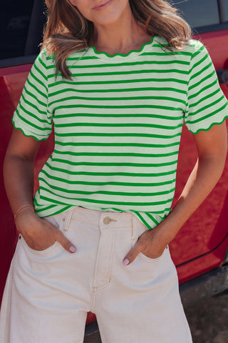 Green Stripe Scalloped Trim Round Neck T Shirt, Dear-Lover Dropshipping - A Blissfully Beautiful Boutique