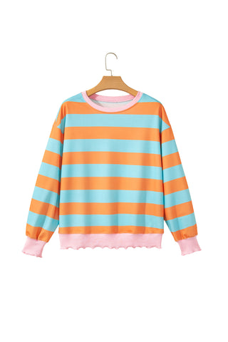 Orange Stripe Ribbed Color Block Trim Round Neck Long Sleeve Shift Top